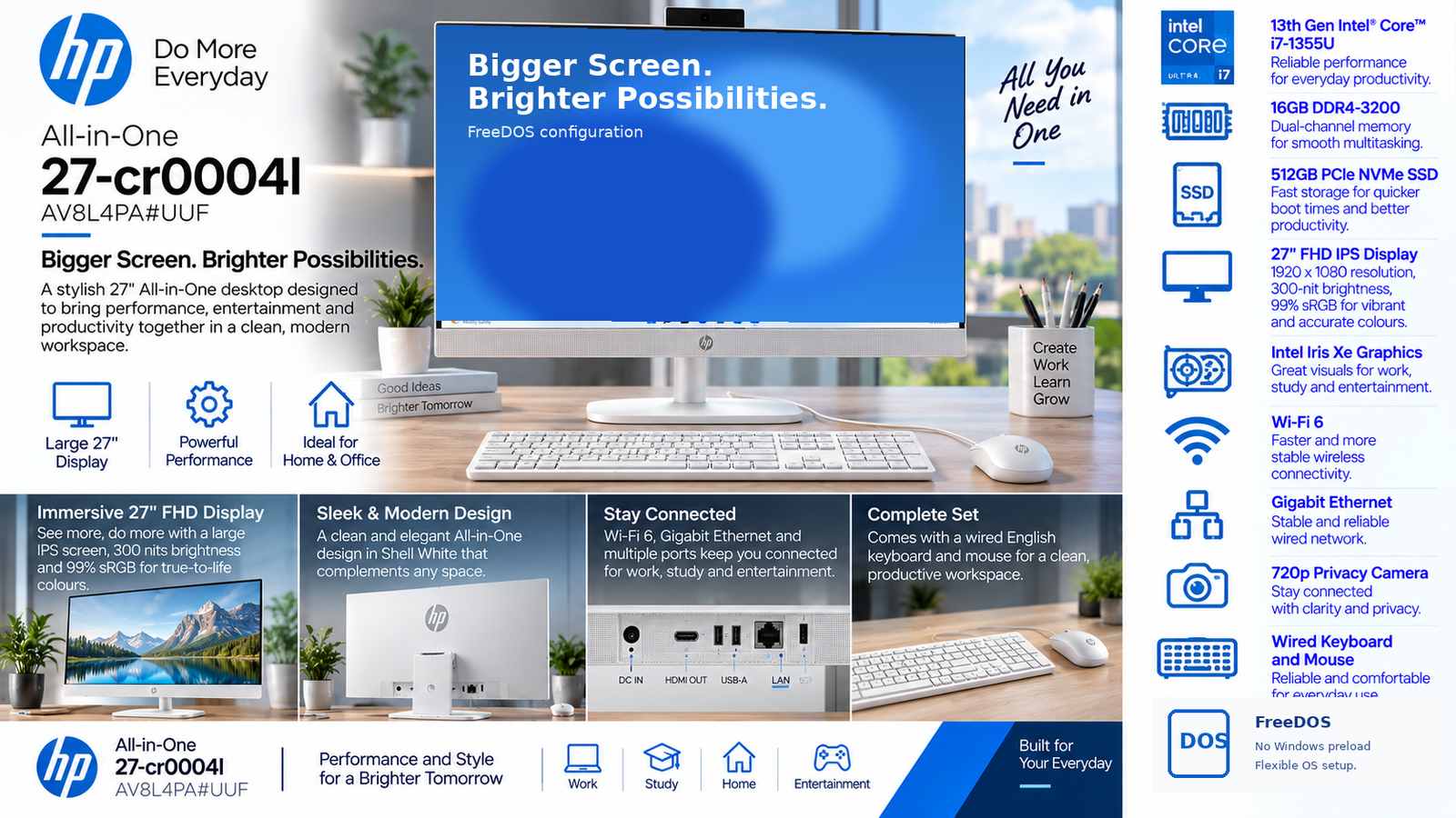 HP All-in-One 27-cr0004l AV8L4PA#UUF Desktop PC, Intel Core i7-1355U, 16GB DDR4-3200, 512GB PCIe NVMe SSD, 27-inch FHD IPS 300-Nit Display, Intel Iris Xe Graphics, Wi-Fi 6, Wired English Keyboard & Mouse, FreeDOS, Shell White